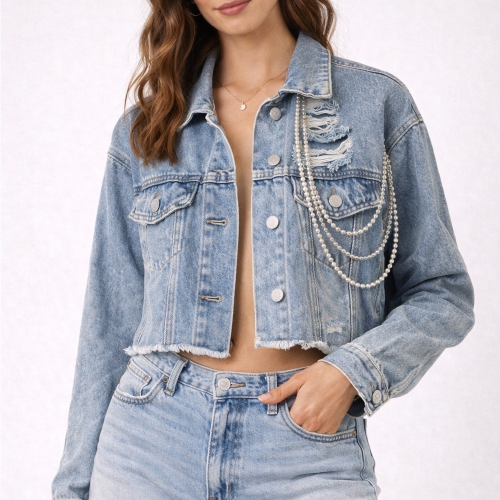 Forever 21 Distressed Denim Varsity Jacket with Pearl Detail
